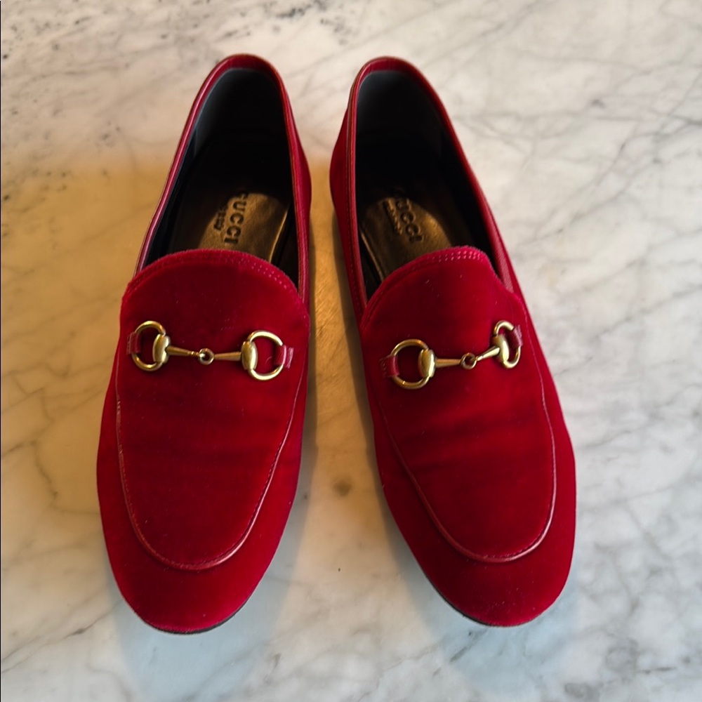 Gucci Jordaan Horsebit Red Velvet Loafers size 37